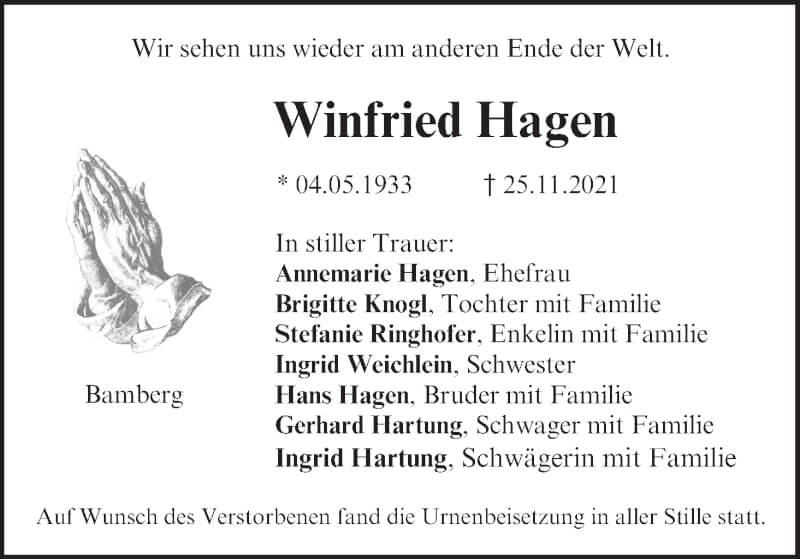  Traueranzeige für Winfried Hagen vom 22.01.2022 aus MGO