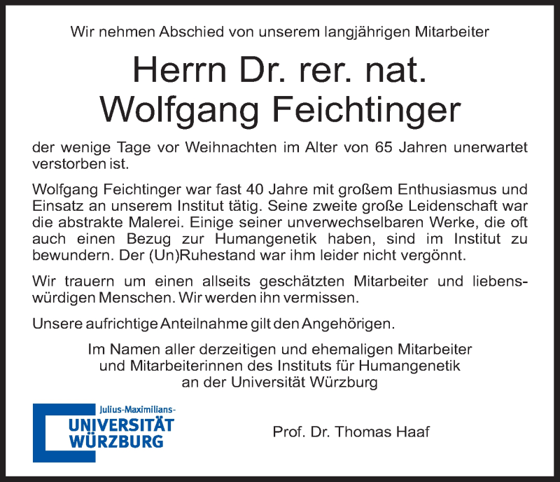  Traueranzeige für Wolfgang Feichtinger vom 31.12.2021 aus MGO