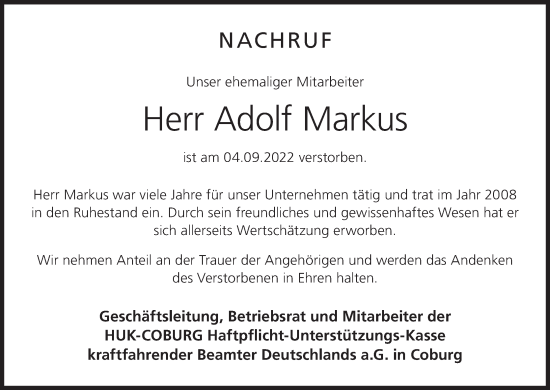 Anzeige von Adolf Markus von MGO