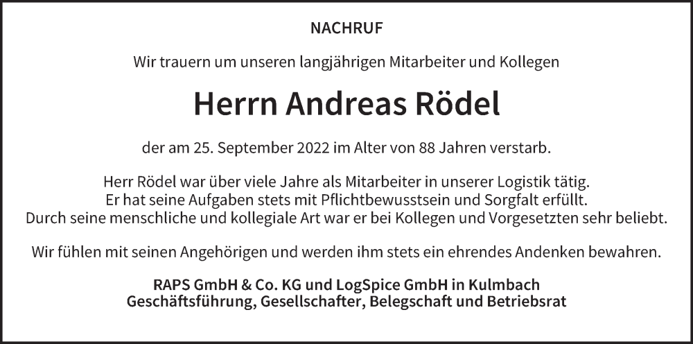  Traueranzeige für Andreas Rödel vom 14.10.2022 aus MGO