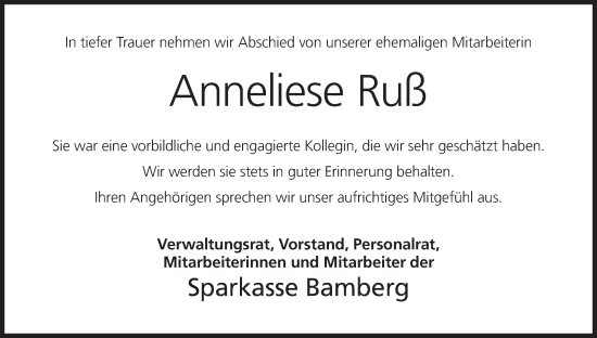 Anzeige von Anneliese Ruß von MGO
