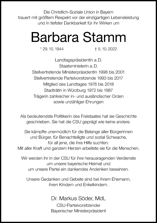 Anzeige von Barbara Stamm von MGO