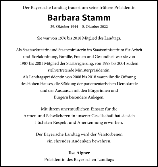 Anzeige von Barbara Stamm von MGO
