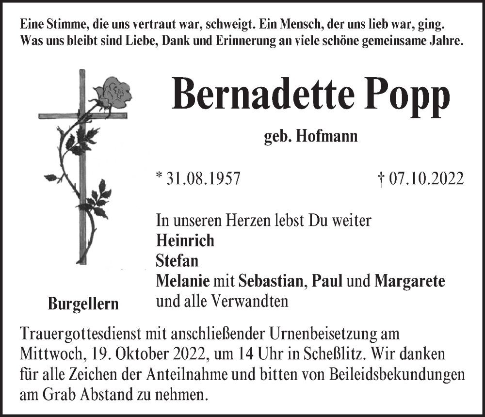  Traueranzeige für Bernadette Popp vom 15.10.2022 aus MGO