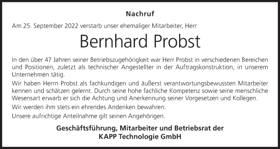 Anzeige von Bernhard Probst von MGO