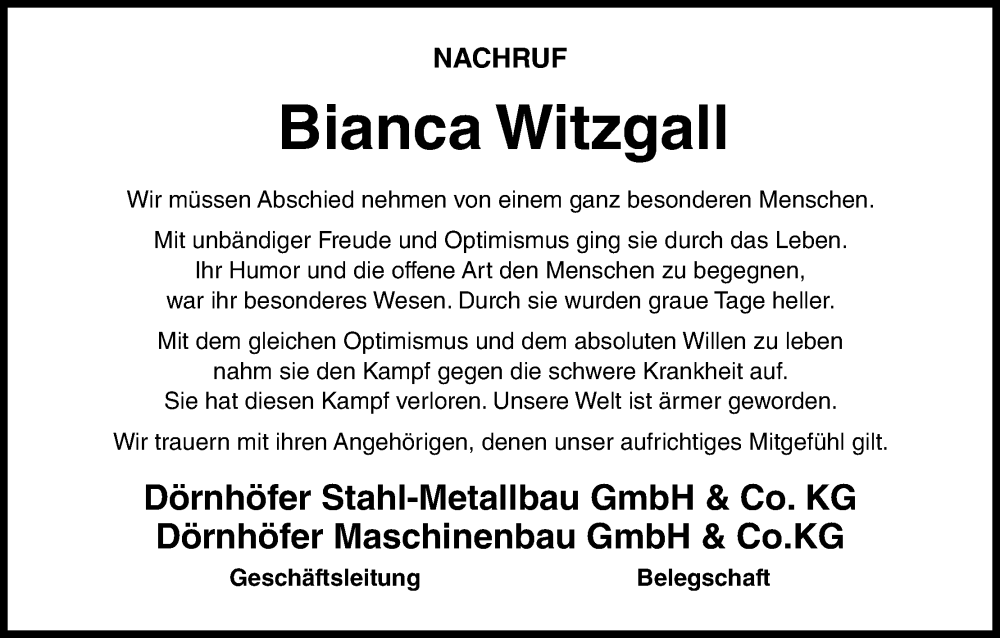  Traueranzeige für Bianca Witzgall vom 22.10.2022 aus MGO
