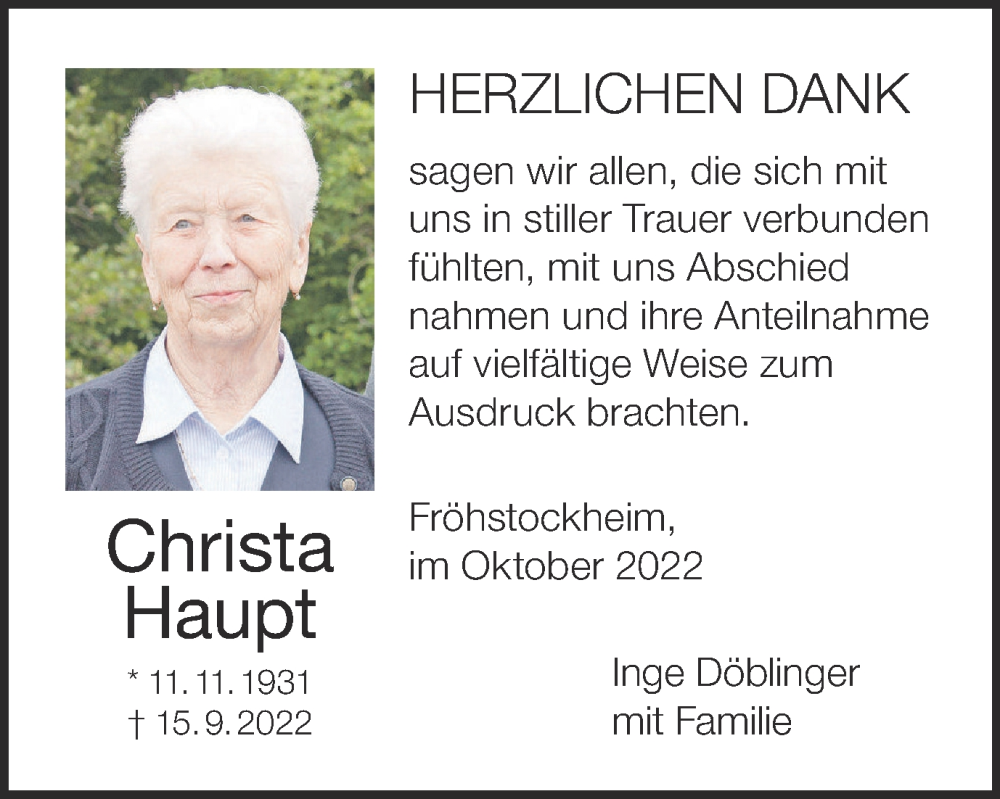  Traueranzeige für Christa Haupt vom 08.10.2022 aus MGO