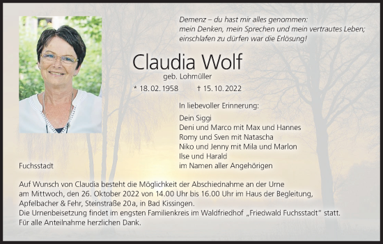 Anzeige von Claudia Wolf von MGO