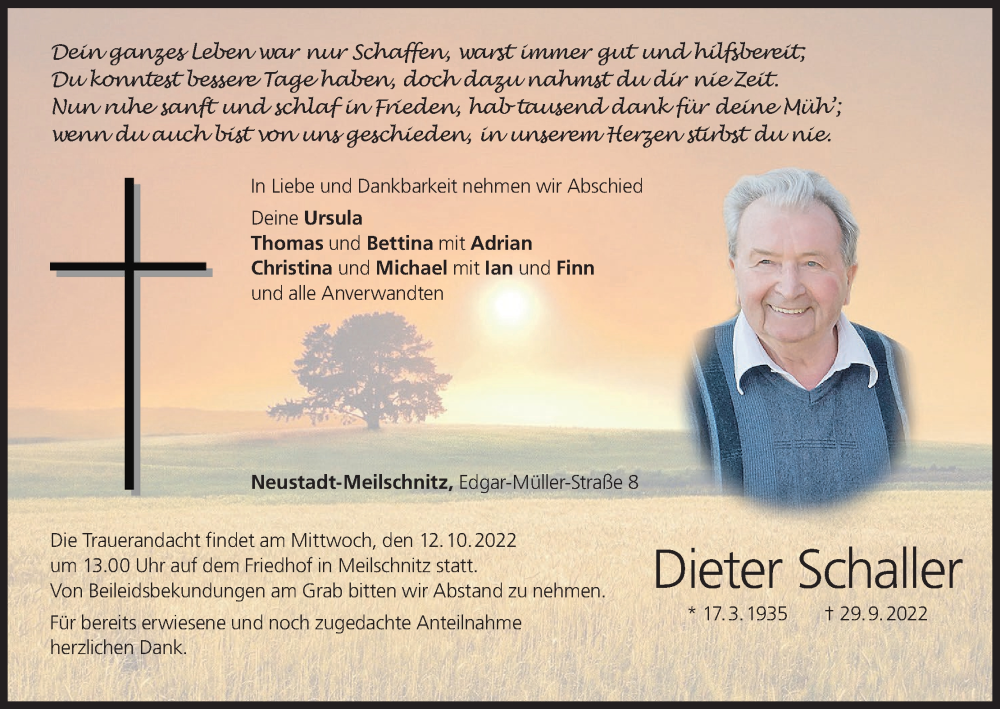  Traueranzeige für Dieter Schaller vom 08.10.2022 aus MGO