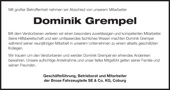 Anzeige von Dominik Grempel von MGO