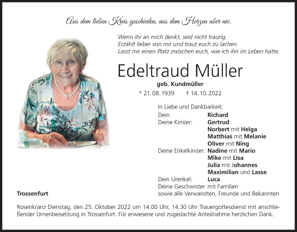  Traueranzeige für Edeltraud Müller vom 21.10.2022 aus MGO