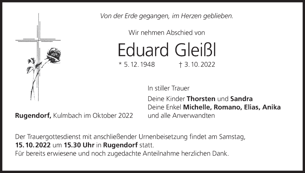  Traueranzeige für Eduard Gleißl vom 13.10.2022 aus MGO