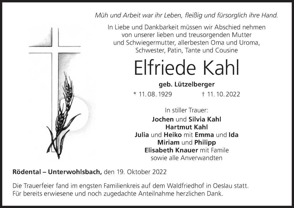  Traueranzeige für Elfriede Kahl vom 19.10.2022 aus MGO