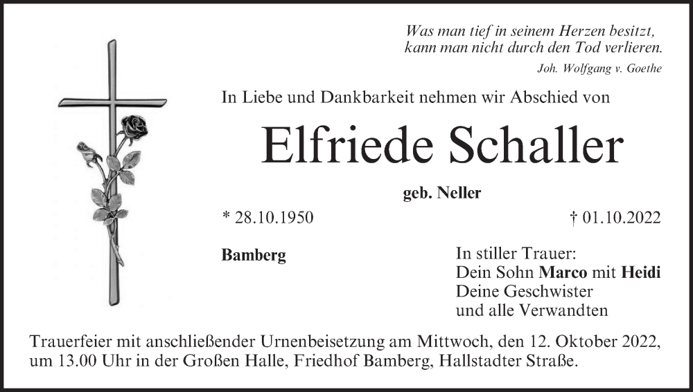  Traueranzeige für Elfriede Schaller vom 08.10.2022 aus MGO