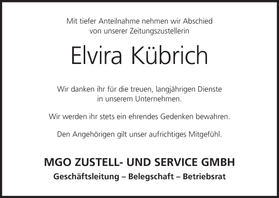 Anzeige von Elvira Kübrich von MGO