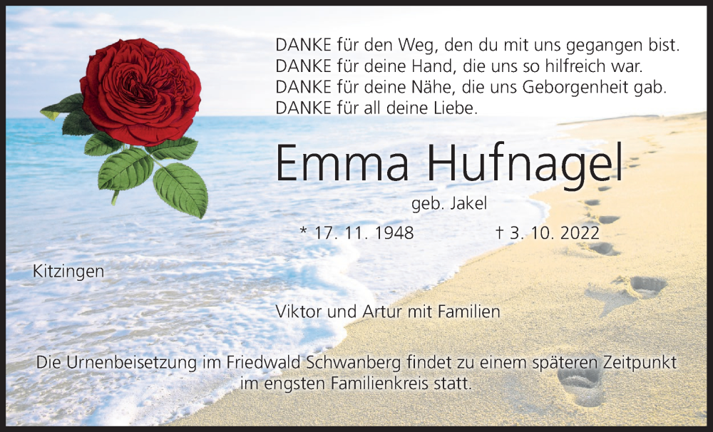  Traueranzeige für Emma Hufnagel vom 08.10.2022 aus MGO