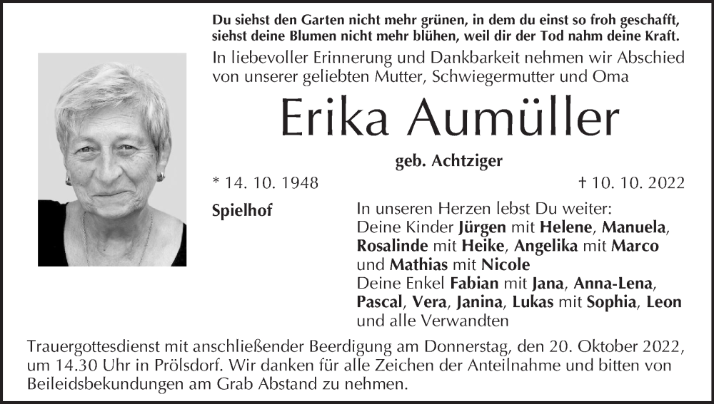  Traueranzeige für Erika Aumüller vom 15.10.2022 aus MGO