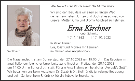 Anzeige von Erna Kirchner von MGO