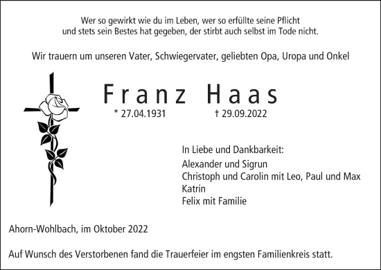 Anzeige von Franz Haas von MGO