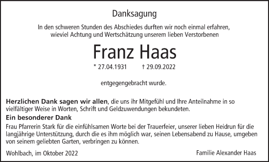Anzeige von Franz Haas von MGO