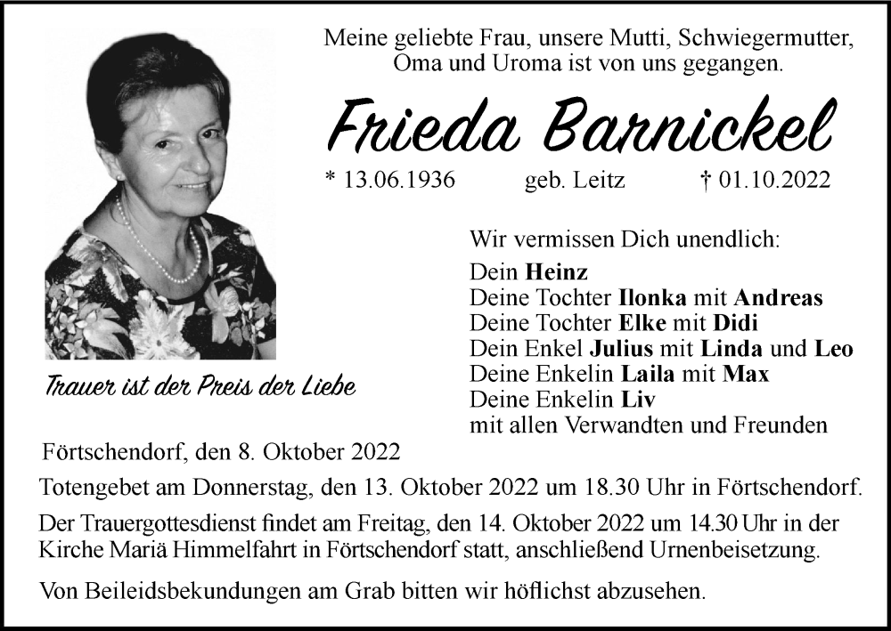  Traueranzeige für Frieda Barnickel vom 08.10.2022 aus MGO