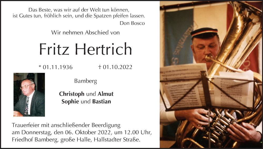  Traueranzeige für Fritz Hertrich vom 05.10.2022 aus MGO