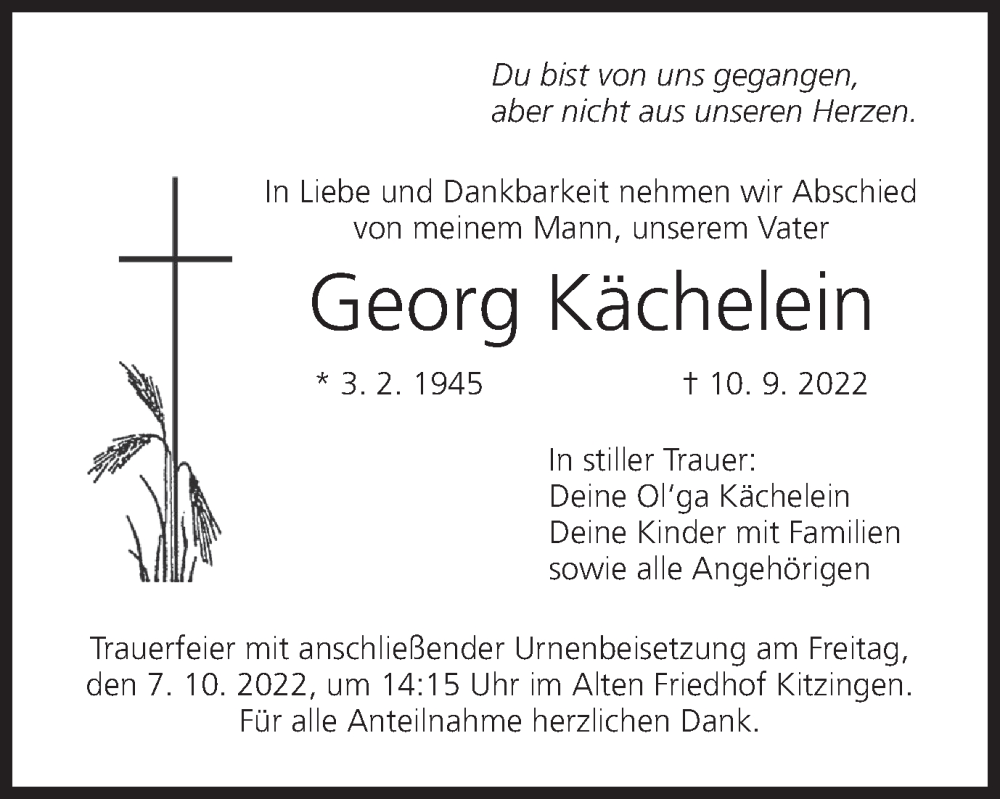  Traueranzeige für Georg Kächelein vom 05.10.2022 aus MGO
