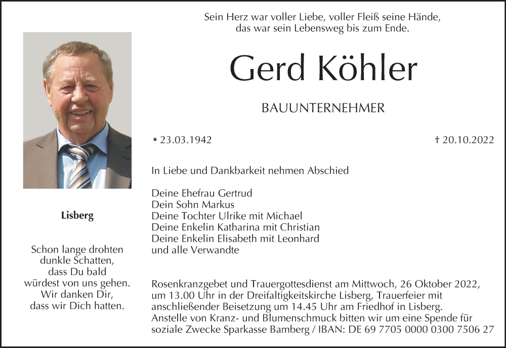  Traueranzeige für Gerd Köhler vom 22.10.2022 aus MGO