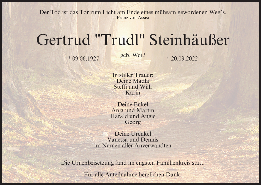  Traueranzeige für Gertrud Steinhäußer vom 08.10.2022 aus MGO