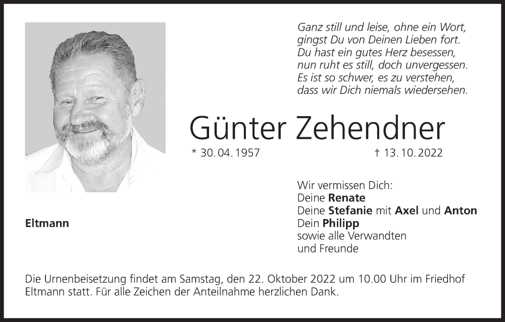  Traueranzeige für Günter Zehendner vom 20.10.2022 aus MGO