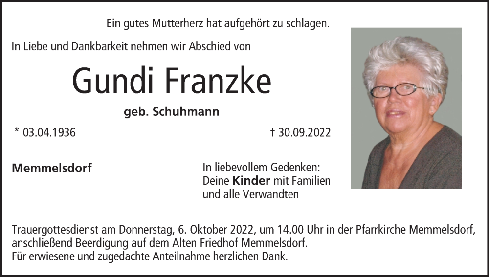  Traueranzeige für Gundi Franzke vom 05.10.2022 aus MGO