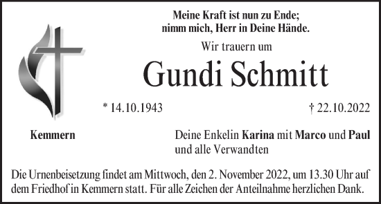 Anzeige von Gundi Schmitt von MGO