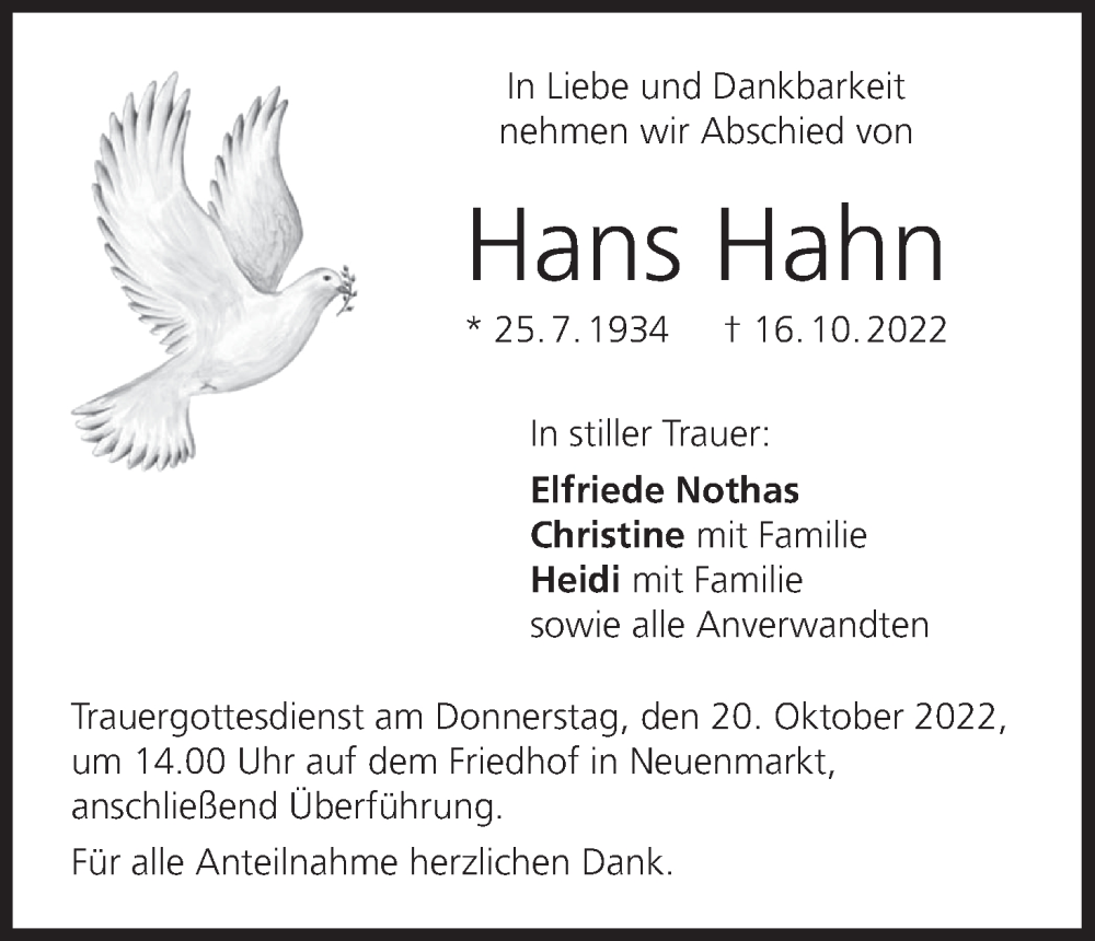  Traueranzeige für Hans Hahn vom 19.10.2022 aus MGO