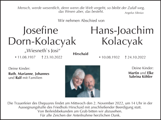 Anzeige von Hans-Joachim Kolacyak von MGO