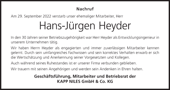Anzeige von Hans-Jürgen Heyder von MGO