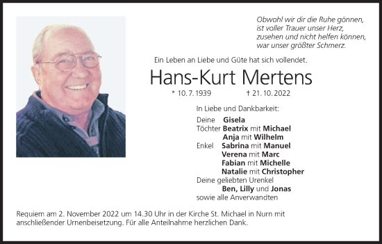 Anzeige von Hans-Kurt Mertens von MGO