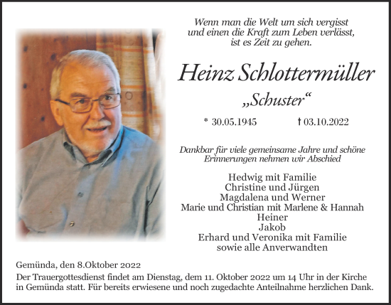 Anzeige von Heinz Schlottermüller von MGO