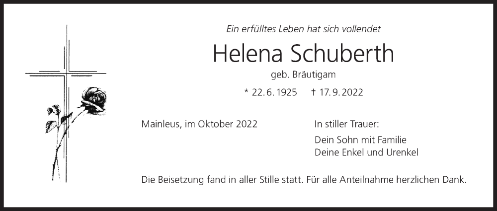  Traueranzeige für Helena Schuberth vom 22.10.2022 aus MGO