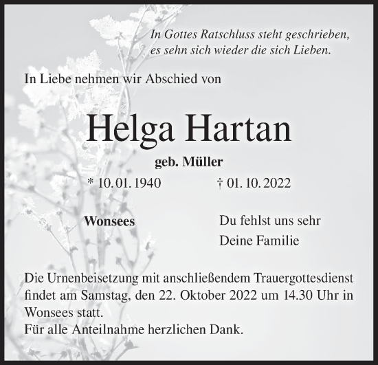 Anzeige von Helga Hartan von MGO