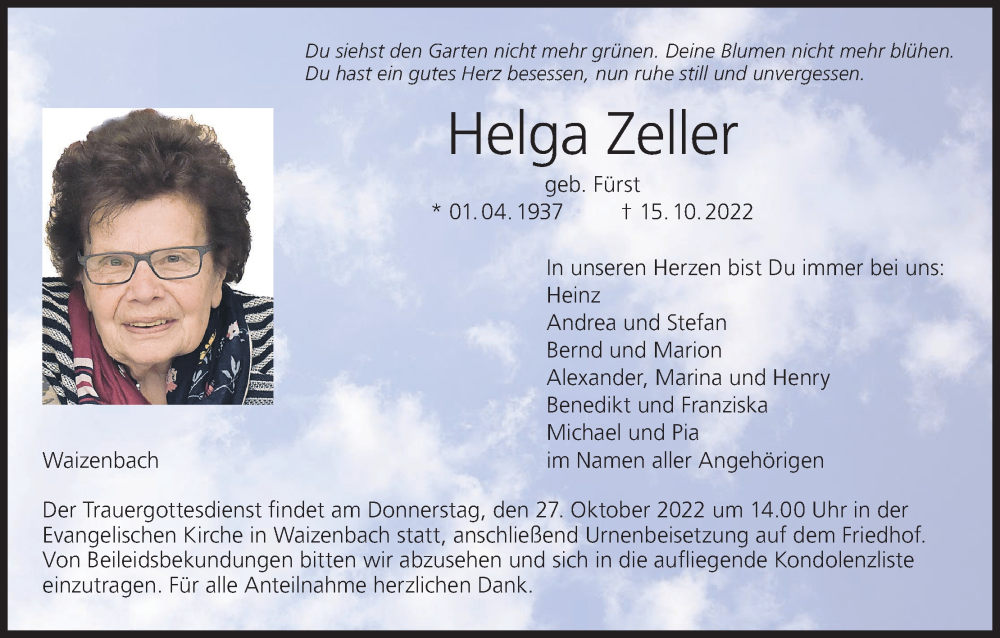  Traueranzeige für Helga Zeller vom 24.10.2022 aus MGO
