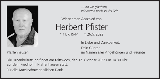 Anzeige von Herbert Pfister von MGO
