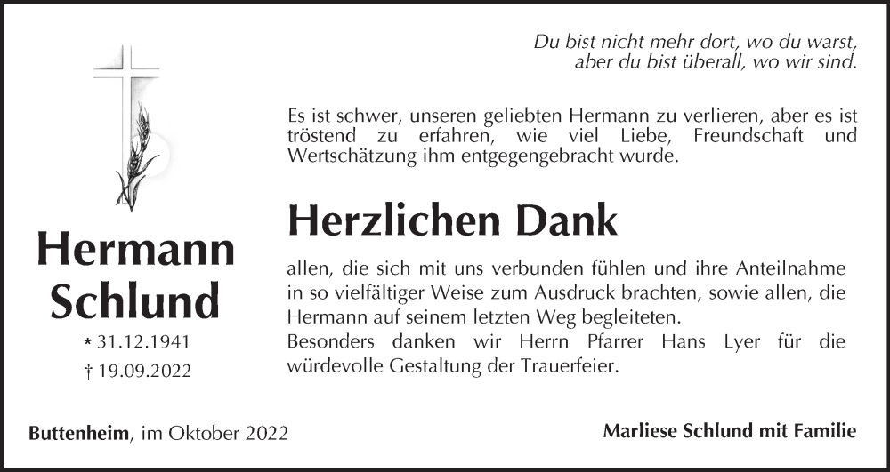  Traueranzeige für Hermann Schlund vom 15.10.2022 aus MGO
