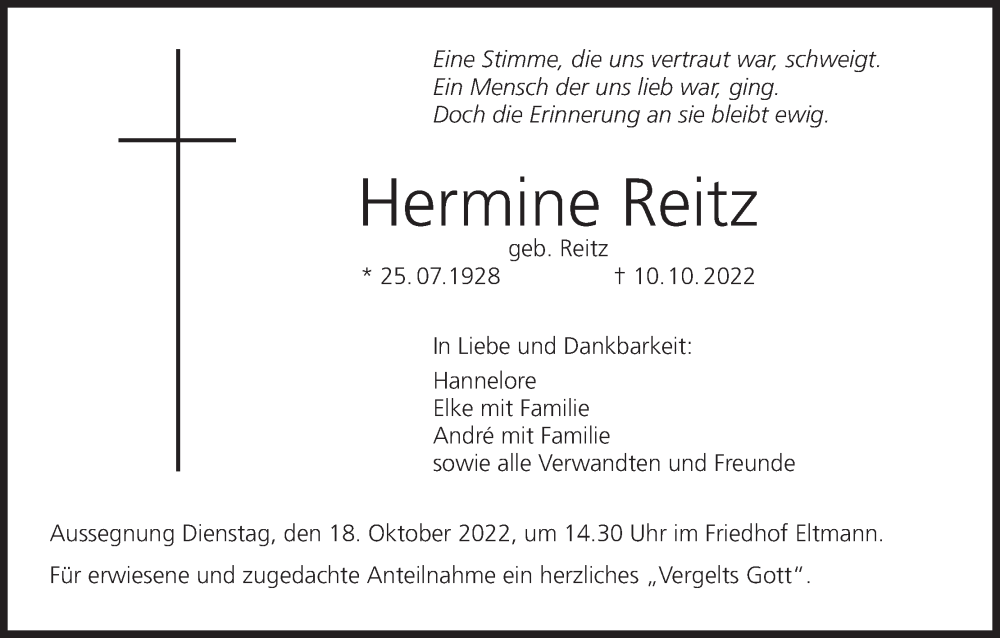  Traueranzeige für Hermine Reitz vom 15.10.2022 aus MGO