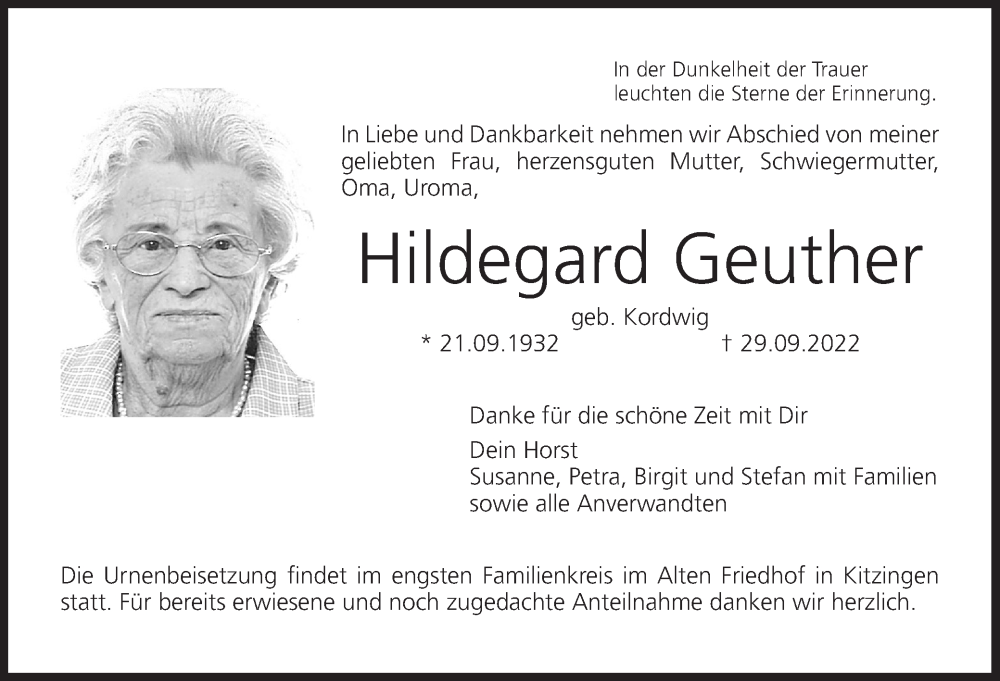  Traueranzeige für Hildegard Geuther vom 15.10.2022 aus MGO