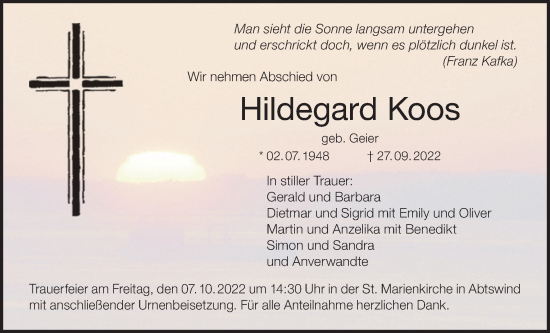 Anzeige von Hildegard Koos von MGO