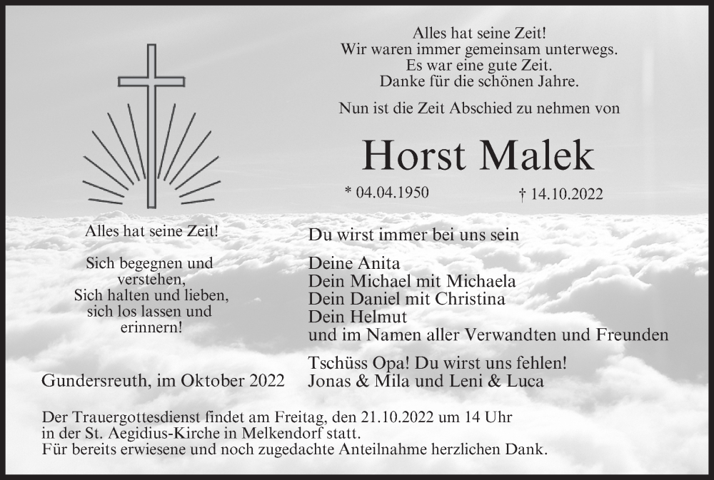  Traueranzeige für Horst Malek vom 19.10.2022 aus MGO