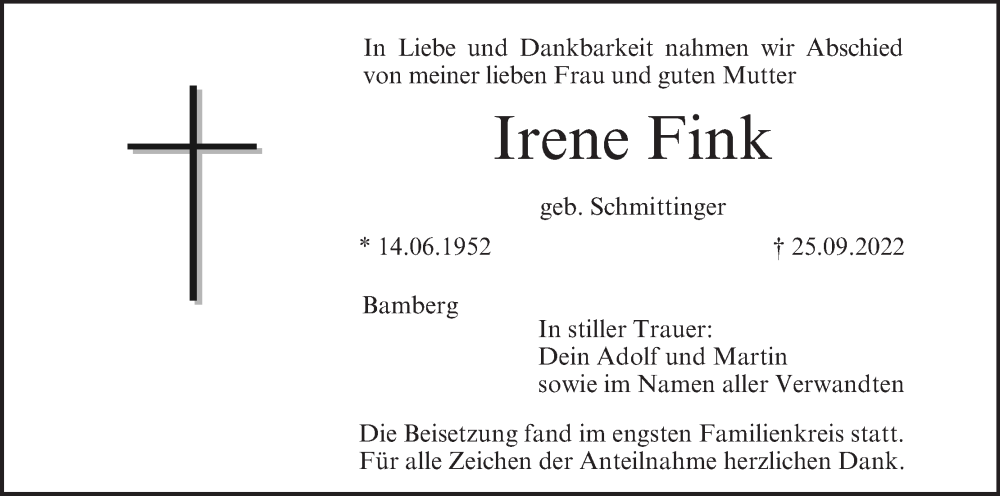  Traueranzeige für Irene Fink vom 08.10.2022 aus MGO