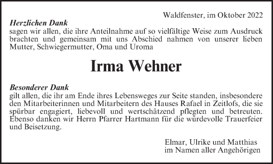Anzeige von Irma Wehner von MGO