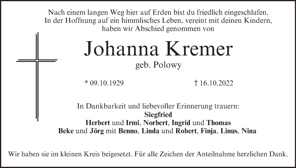  Traueranzeige für Johanna Kremer vom 29.10.2022 aus MGO