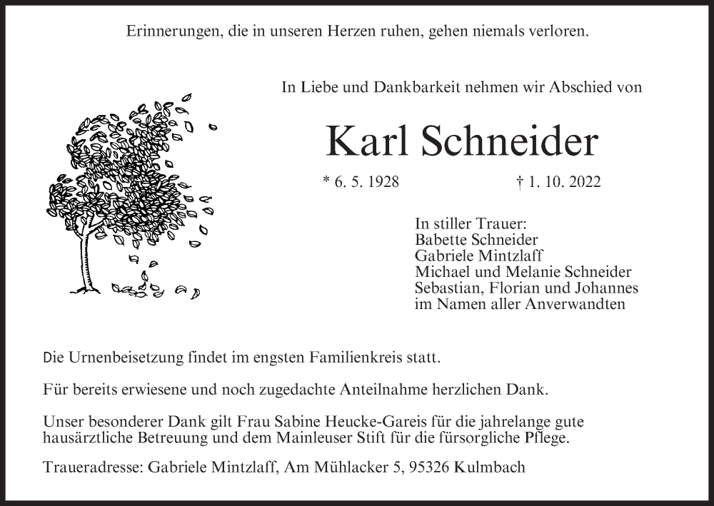  Traueranzeige für Karl Schneider vom 08.10.2022 aus MGO